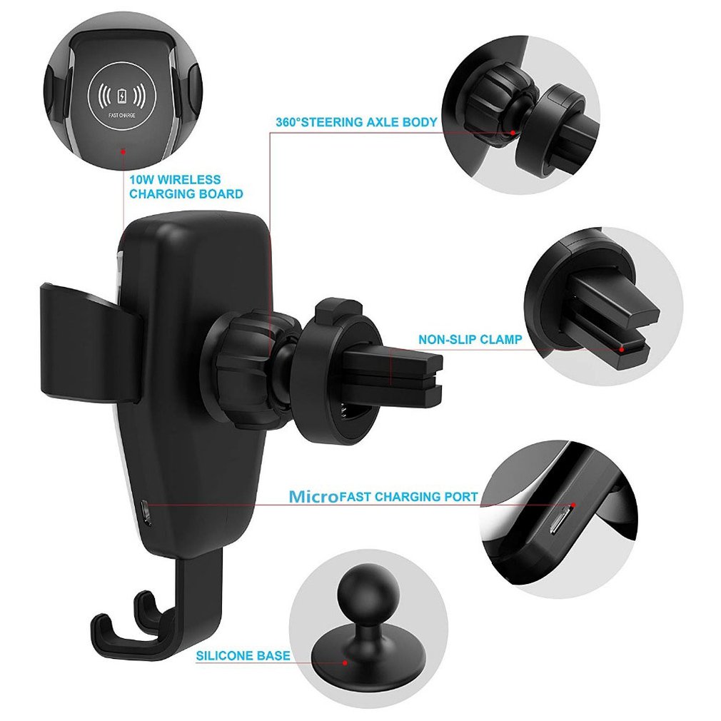 Wireless Car Charger Mount - Qi 10W Fast Charging Auto-Clamping Phone Holder